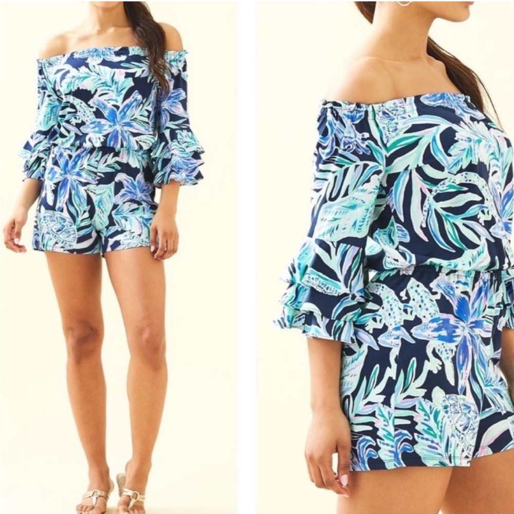 Lilly Pulitzer Calla Romper High Tide/Ready Set Gecko. Size XS